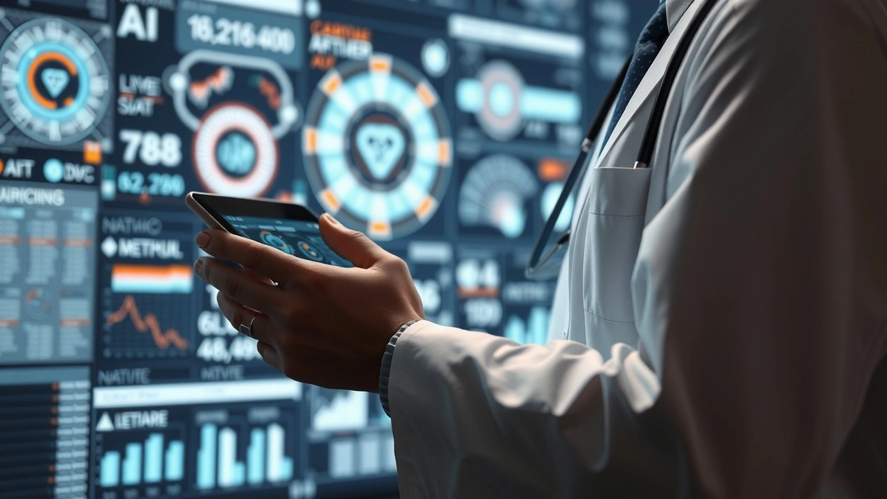 médecin utilisant une tablette avec des visuels d'intelligence artificielle