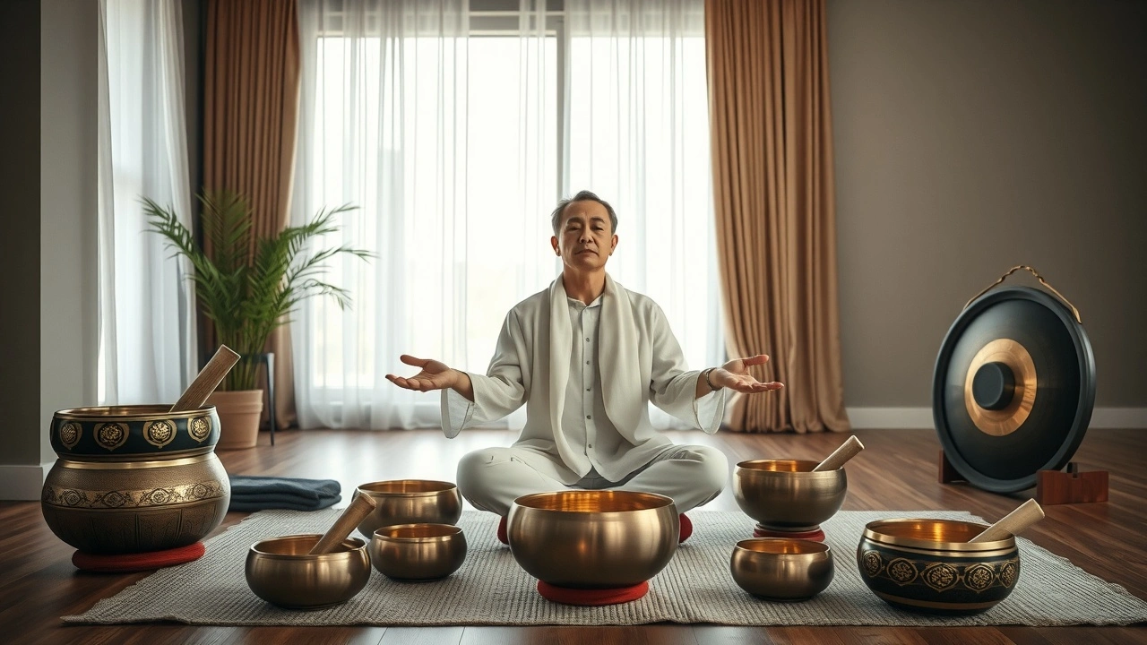 person meditates avec des instruments sonores dans un environnement serein