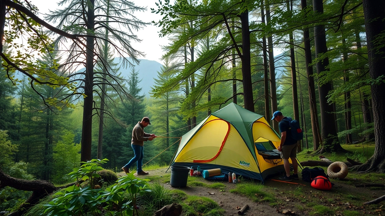 groupe de personnes montent une tente en forêt