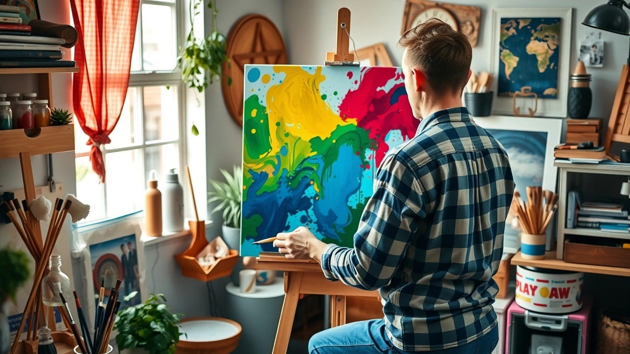 person peignant sur une toile dans un studio maison