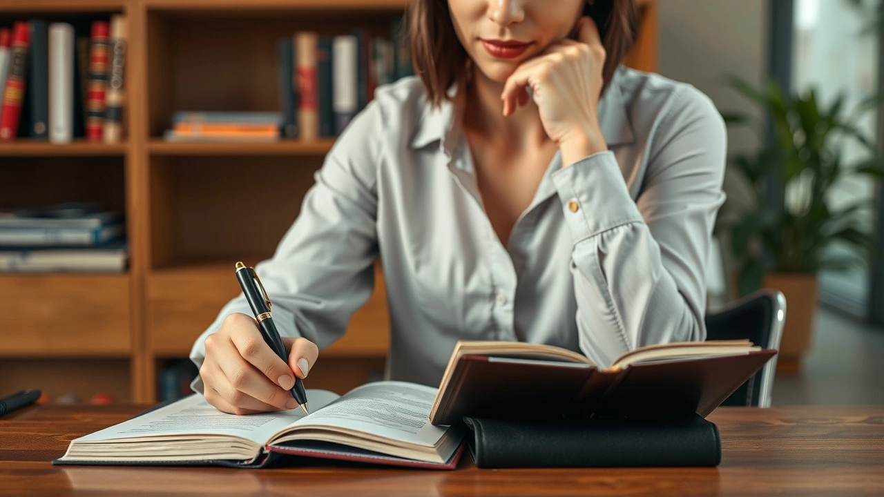 person écrivant dans un journal à un bureau