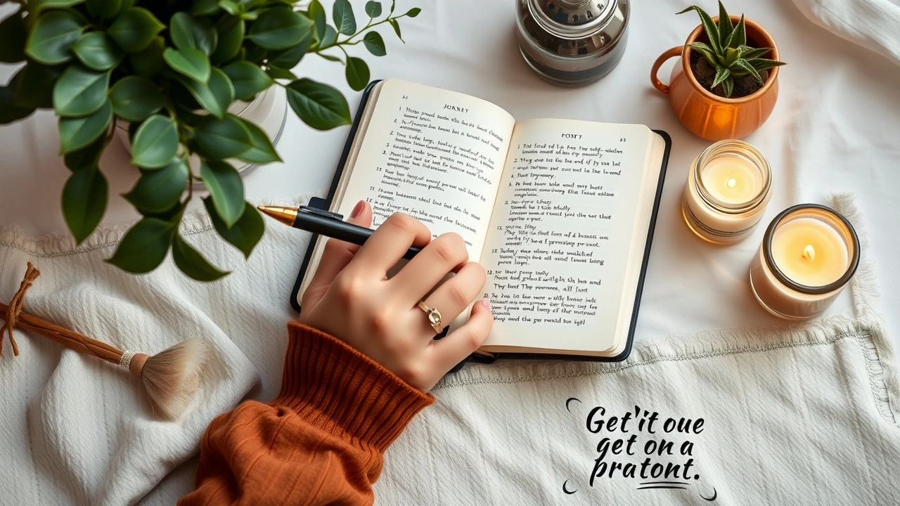 person ecrit dans un journal avec des objets apaisants