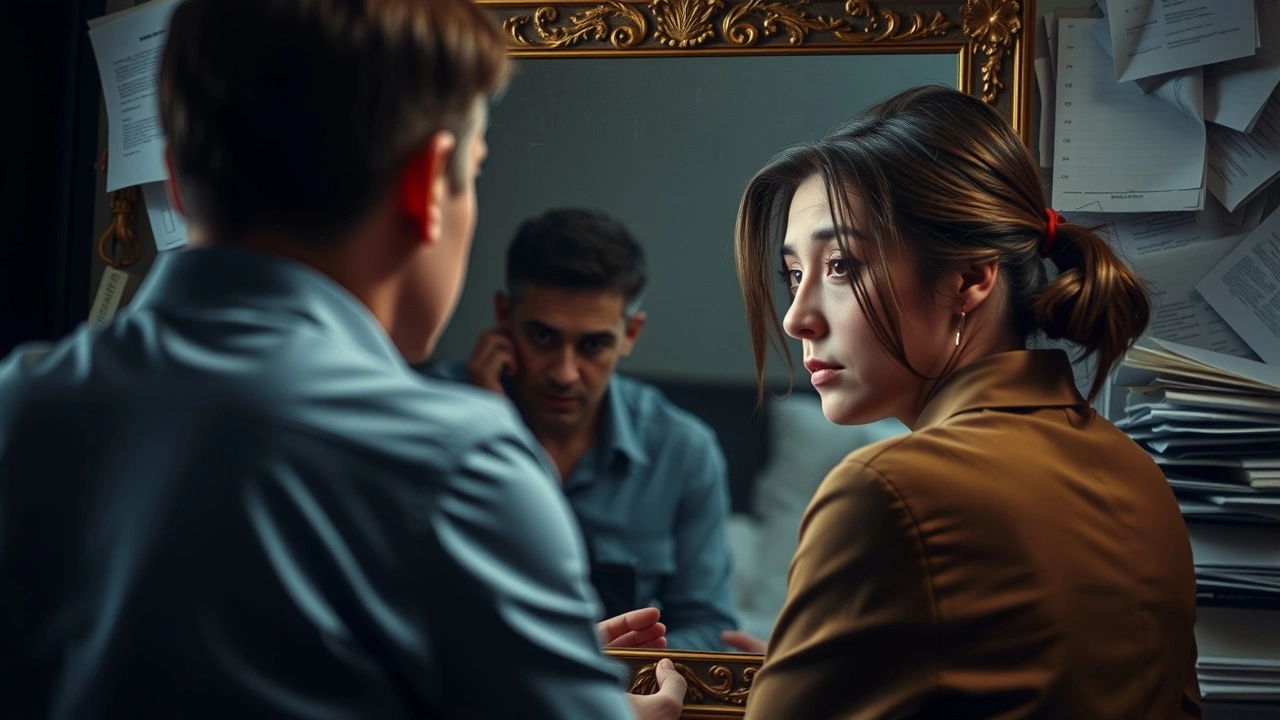 person devant un miroir avec distractions autour