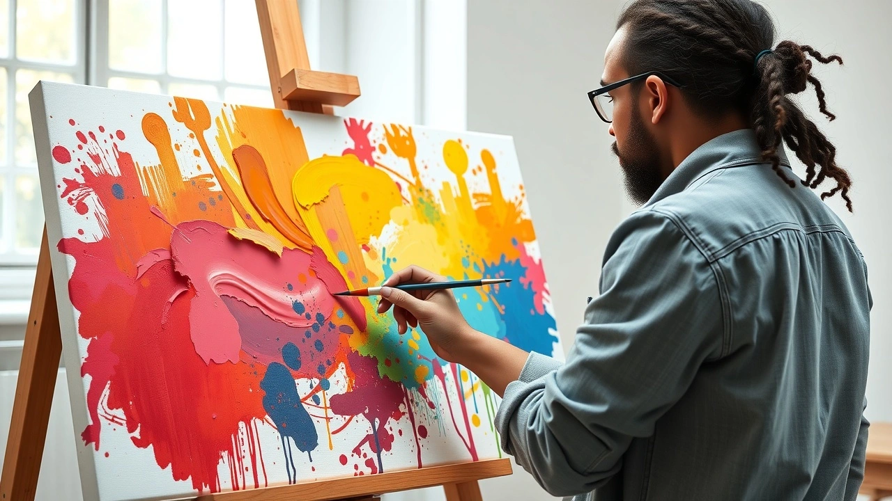 une personne peignant avec des couleurs vives dans un studio