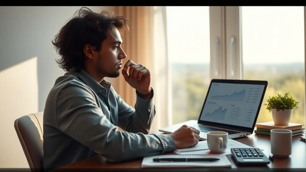 Une personne calme analysant ses finances au bureau pendant une crise financière.