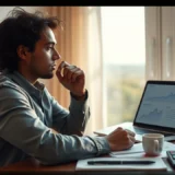 Une personne calme analysant ses finances au bureau pendant une crise financière.