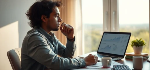 Une personne calme analysant ses finances au bureau pendant une crise financière.