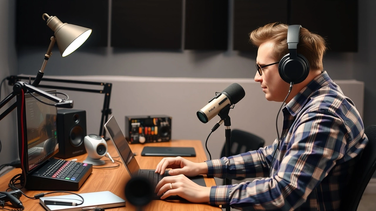 person enregistrant un podcast avec microphone et ordinateur