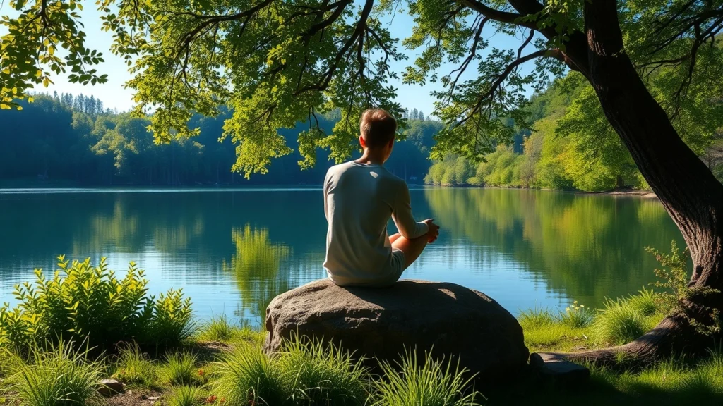 Une scène de réflexion personnelle au bord d'un lac tranquille.