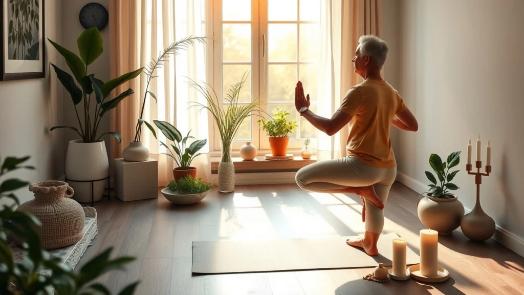 Une scène sereine illustrant une personne s'engageant dans des rituels quotidiens pour le bien-être.