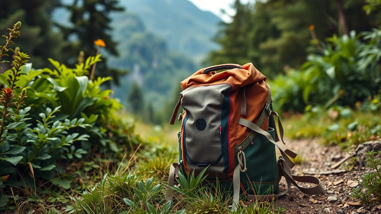 un sac a dos sur un sentier de randonnée verdoyant