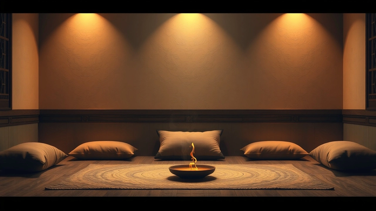 salle de relaxation avec coussins et encens