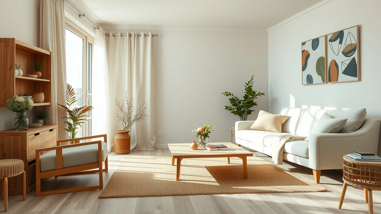 salon apaisant avec des matériaux naturels et couleurs douces