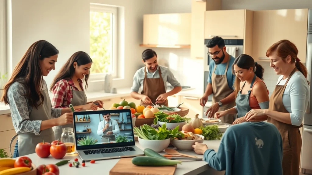 Une scène de cuisine où des participants suivent un cours de cuisine en ligne, préparant des plats avec des ingrédients frais.