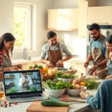 Une scène de cuisine où des participants suivent un cours de cuisine en ligne, préparant des plats avec des ingrédients frais.