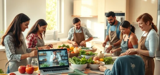 Une scène de cuisine où des participants suivent un cours de cuisine en ligne, préparant des plats avec des ingrédients frais.