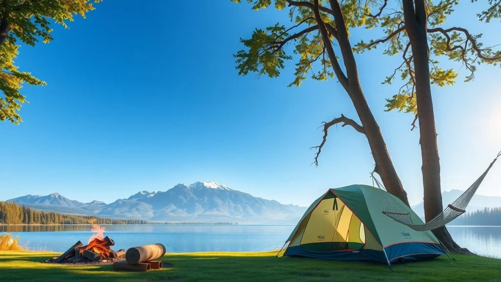 Une scène de camping sereine au cœur de la nature avec un lac tranquille et des arbres verdoyants.