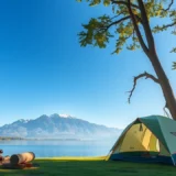 Une scène de camping sereine au cœur de la nature avec un lac tranquille et des arbres verdoyants.
