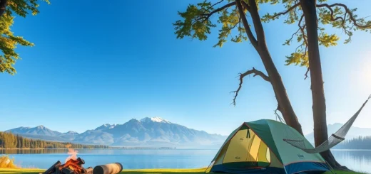 Une scène de camping sereine au cœur de la nature avec un lac tranquille et des arbres verdoyants.