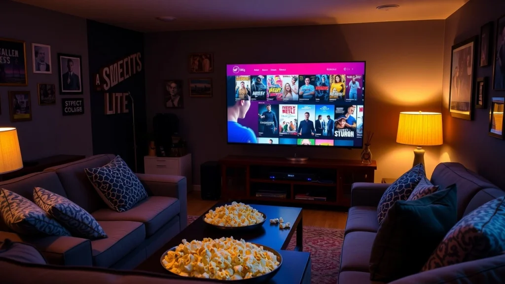 Scène d'une soirée cinéma chaleureuse avec un salon confortable.