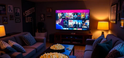 Scène d'une soirée cinéma chaleureuse avec un salon confortable.