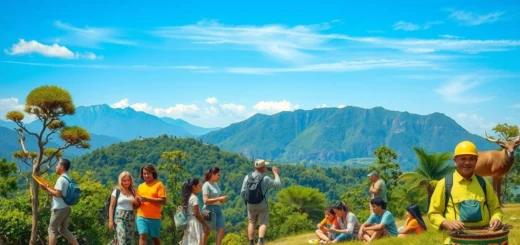 Une scène de voyage écoresponsable mettant en valeur la diversité culturelle.
