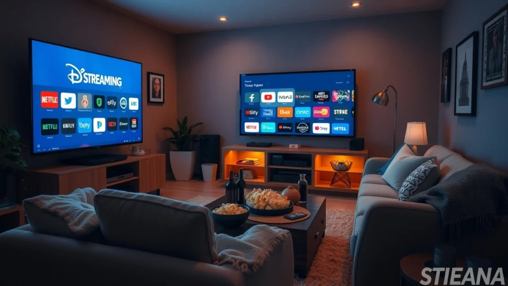 Un salon confortable et accueillant pour une soirée cinéma, avec un canapé, des collations, et une ambiance relaxante.