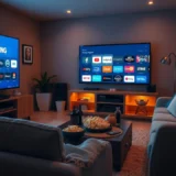 Un salon confortable et accueillant pour une soirée cinéma, avec un canapé, des collations, et une ambiance relaxante.