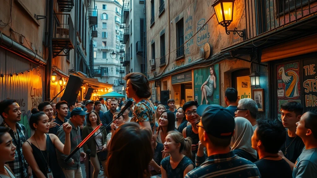 Un spectacle vivant dans un lieu insolite avec des spectateurs enthousiastes.