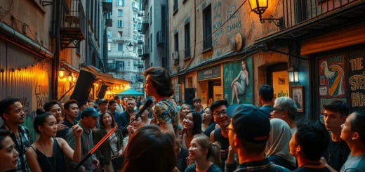 Un spectacle vivant dans un lieu insolite avec des spectateurs enthousiastes.