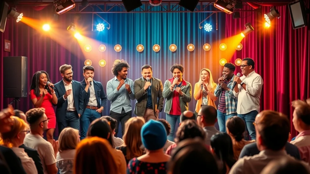 Une scène de spectacle comique avec des humoristes et un public enthousiaste