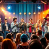 Une scène de spectacle comique avec des humoristes et un public enthousiaste