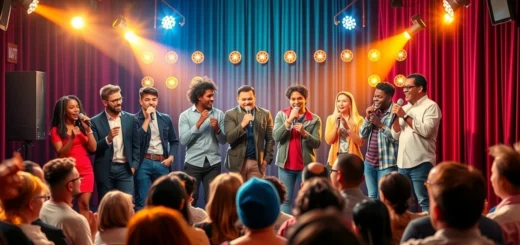 Une scène de spectacle comique avec des humoristes et un public enthousiaste