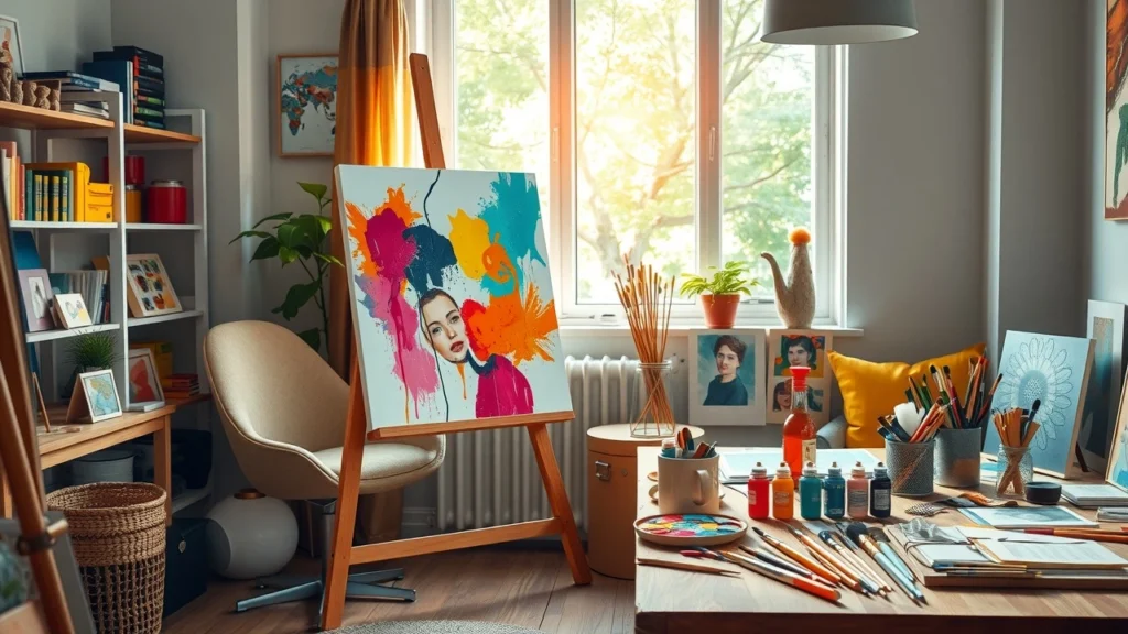 Une image d'un studio artistique inspirant avec des couleurs vibrantes et un espace créatif.