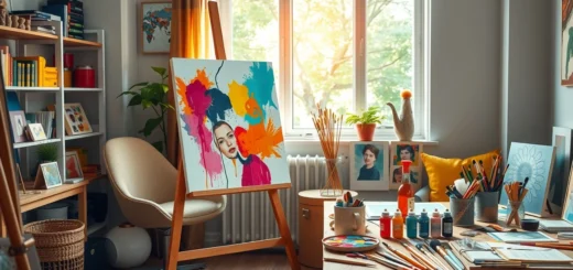 Une image d'un studio artistique inspirant avec des couleurs vibrantes et un espace créatif.