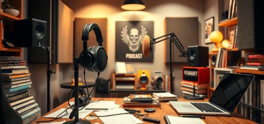 Un studio de podcast moderne et chaleureux avec un micro et des écouteurs.