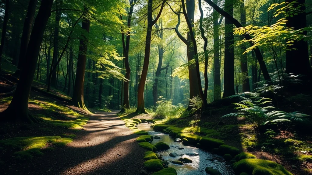 Une scène de forêt sereine illustrant les bienfaits des bains de forêt pour revitaliser l'esprit et le corps.