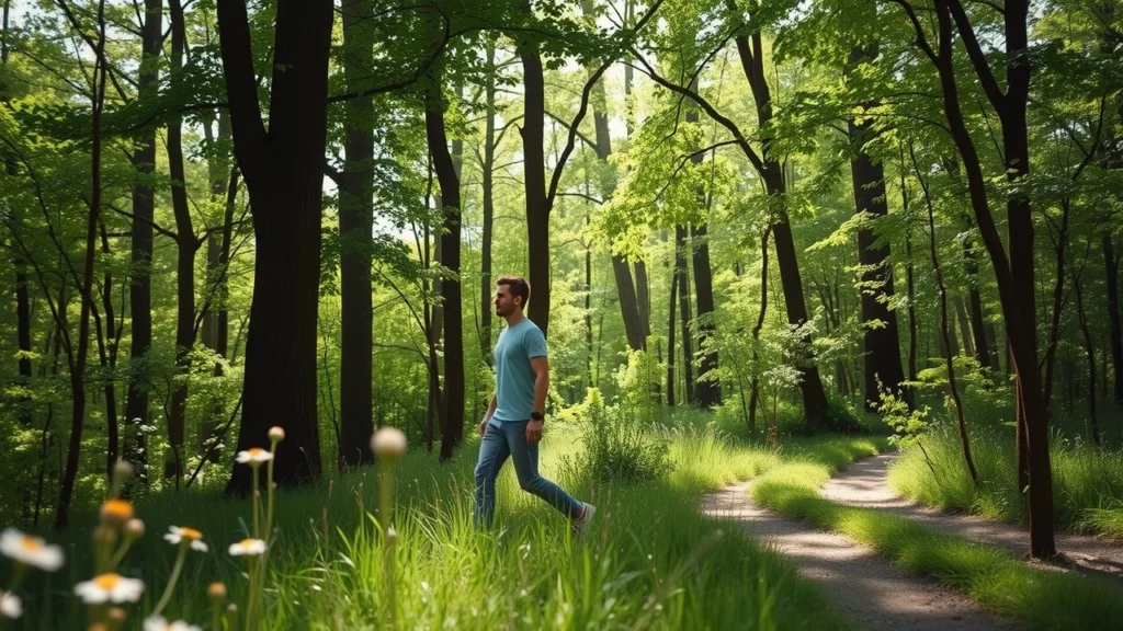 Une scène sereine montrant une personne marchant en pleine conscience dans une forêt verdoyante.