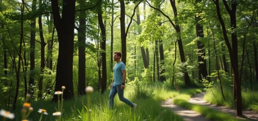Une scène sereine montrant une personne marchant en pleine conscience dans une forêt verdoyante.