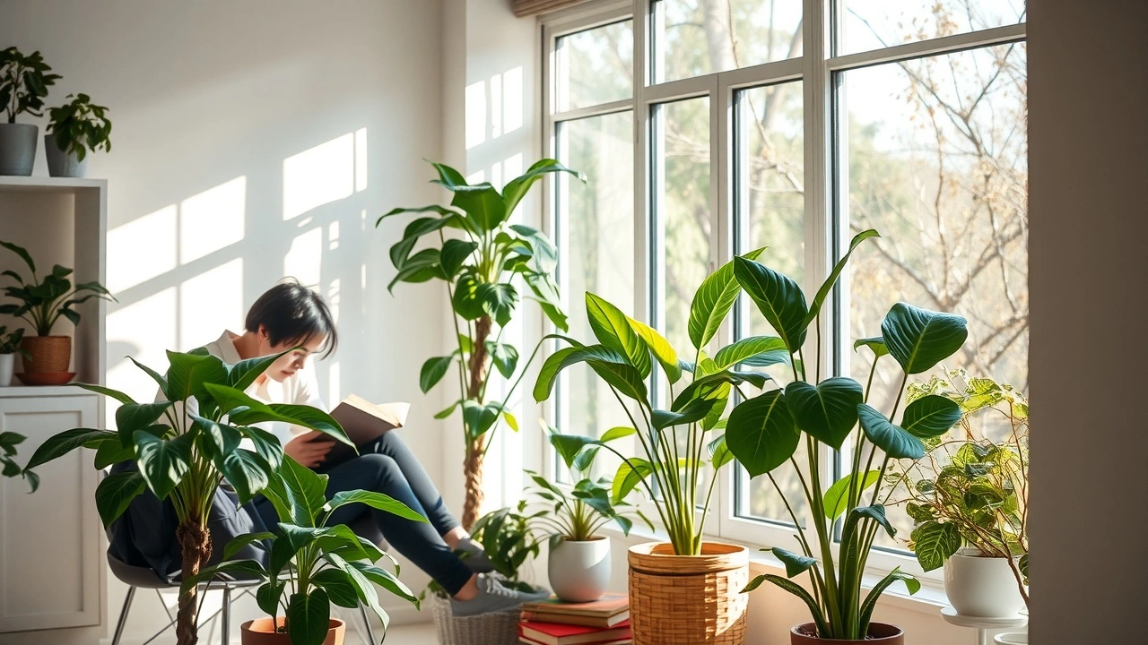 chambre lumineuse avec une personne lisant au soleil