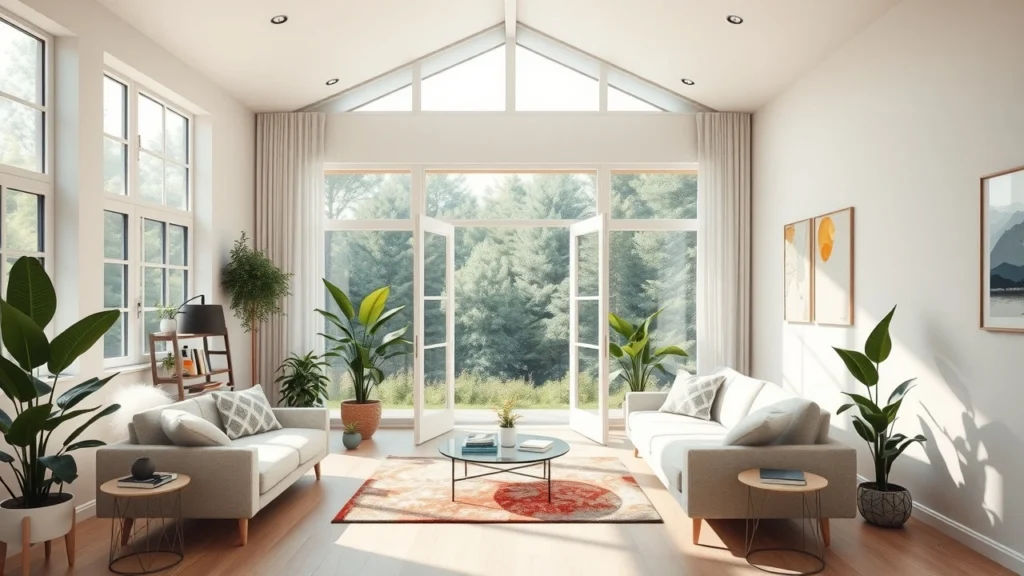 Une scène intérieure photoréaliste montrant un espace bien ventilé avec des fenêtres et des plantes.