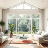 Une scène intérieure photoréaliste montrant un espace bien ventilé avec des fenêtres et des plantes.