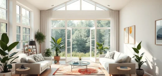 Une scène intérieure photoréaliste montrant un espace bien ventilé avec des fenêtres et des plantes.