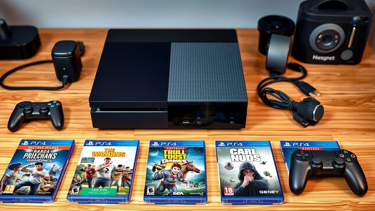 console de jeu moderne avec accessoires et jeux populaires