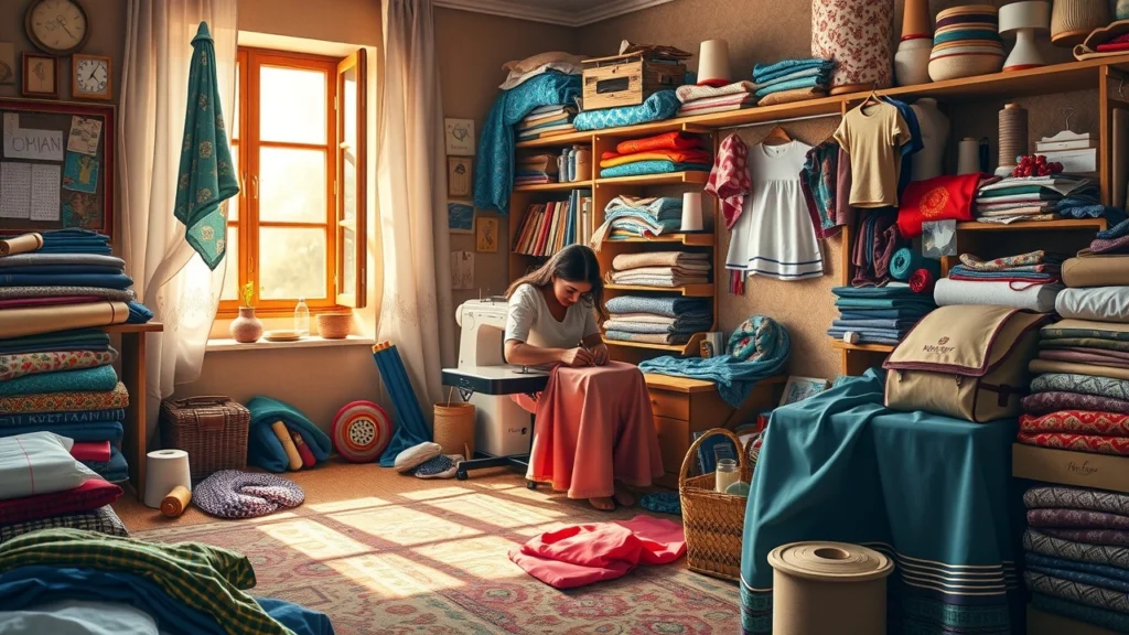 Une image montrant une personne en train de coudre dans une pièce chaleureuse, remplie de tissus colorés et d'outils de couture.