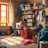 Une image montrant une personne en train de coudre dans une pièce chaleureuse, remplie de tissus colorés et d'outils de couture.