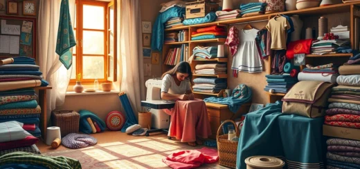 Une image montrant une personne en train de coudre dans une pièce chaleureuse, remplie de tissus colorés et d'outils de couture.