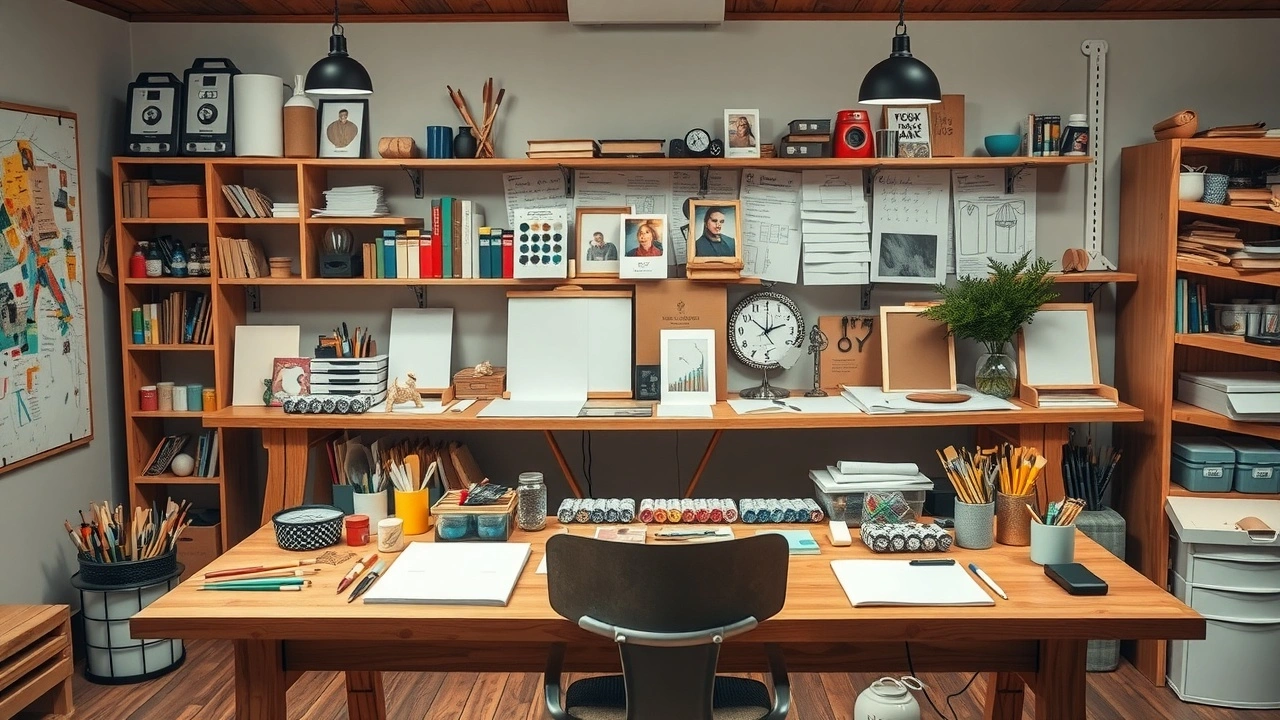 espace créatif avec fournitures artistiques sur une table en bois