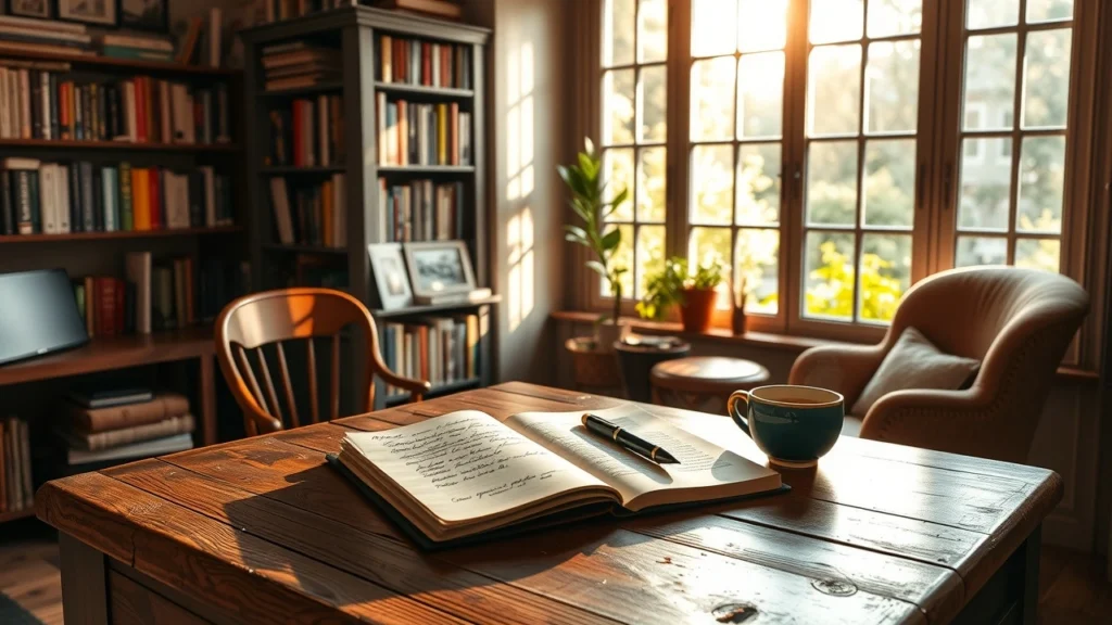 Un espace d'écriture cozy et inspirant avec un bureau en bois, un carnet ouvert, une tasse de thé et une vue sur un jardin.