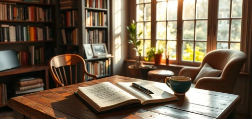 Un espace d'écriture cozy et inspirant avec un bureau en bois, un carnet ouvert, une tasse de thé et une vue sur un jardin.